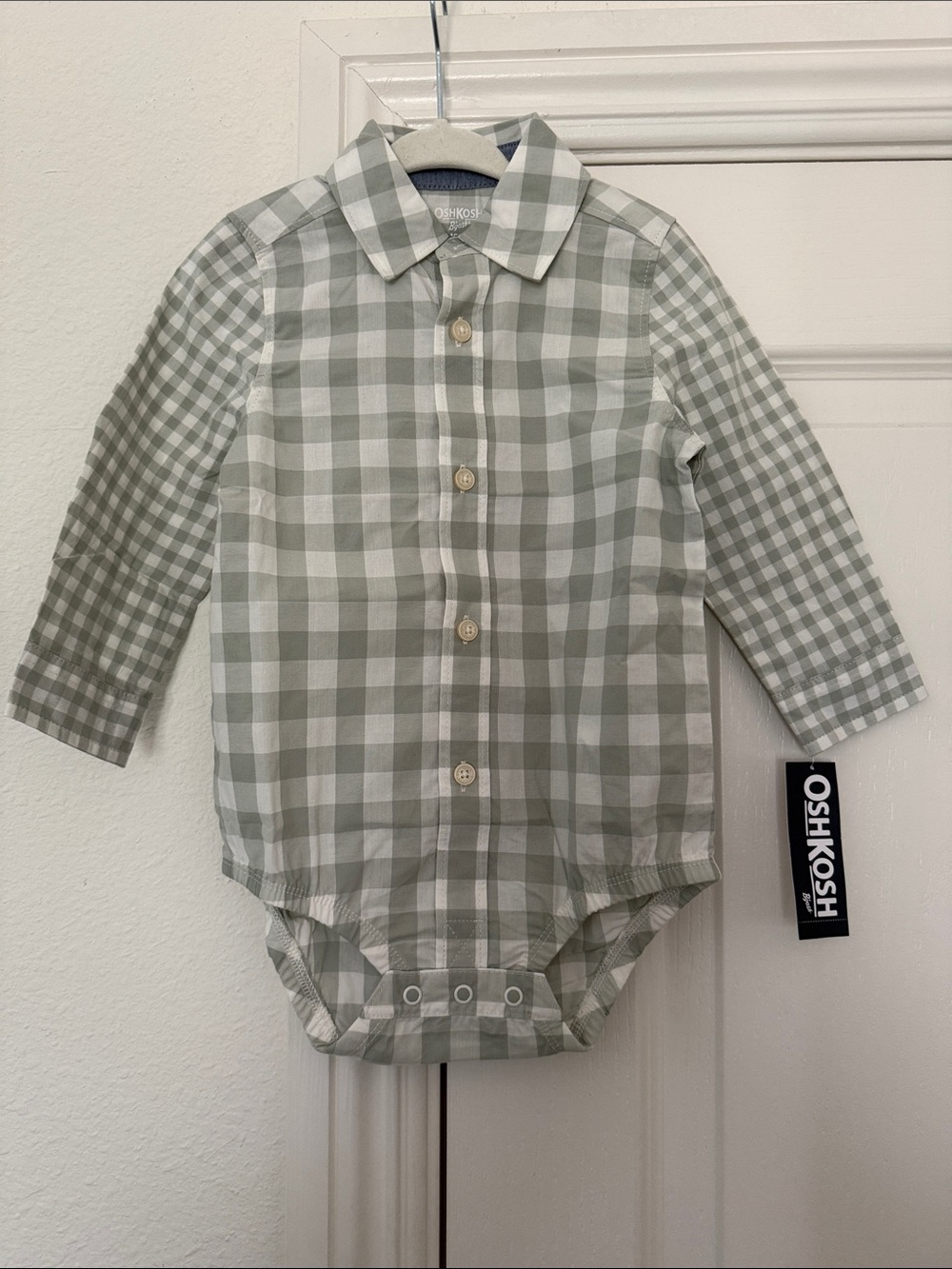 OshKosh B'gosh Sage and White Plaid Button-Up Baby Shirt